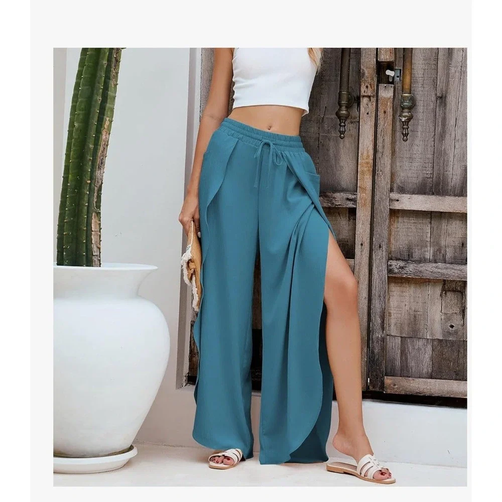 Women‎ Summer Trousers Loose High Waist Bottom Casual Wide Leg Vacation Beach